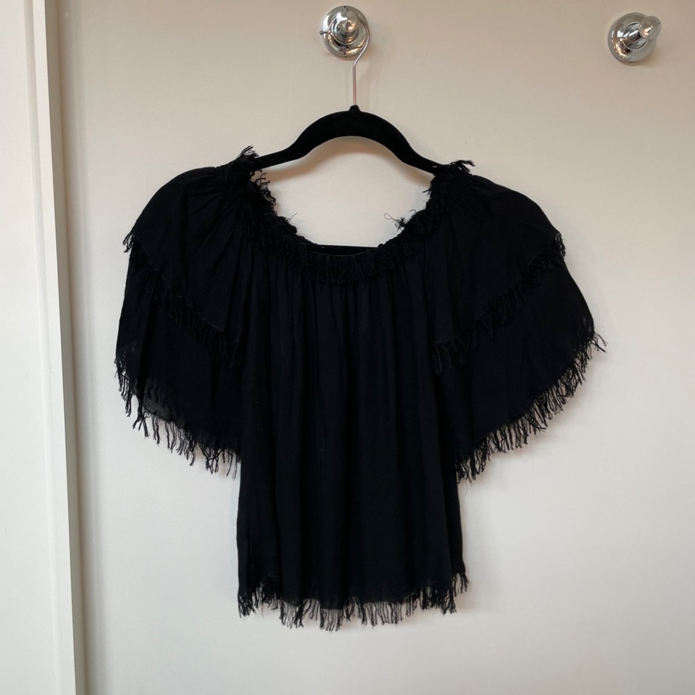 Chaser off the shoulder cropped fringe top